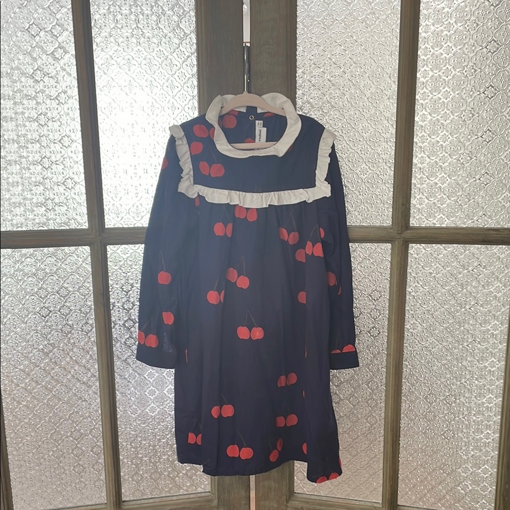 Mini Rodini Navy Dress with Cherry Print and White Collar - Girl’s Size